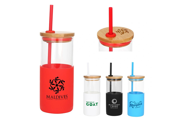 Barbados - 18 Oz. Borosilicate Glass Cup with Bamboo Lid and Silicone Sleeve Barbados - 18 Oz. Borosilicate Glass Cup with Bamboo Lid and Silicone Sleeve